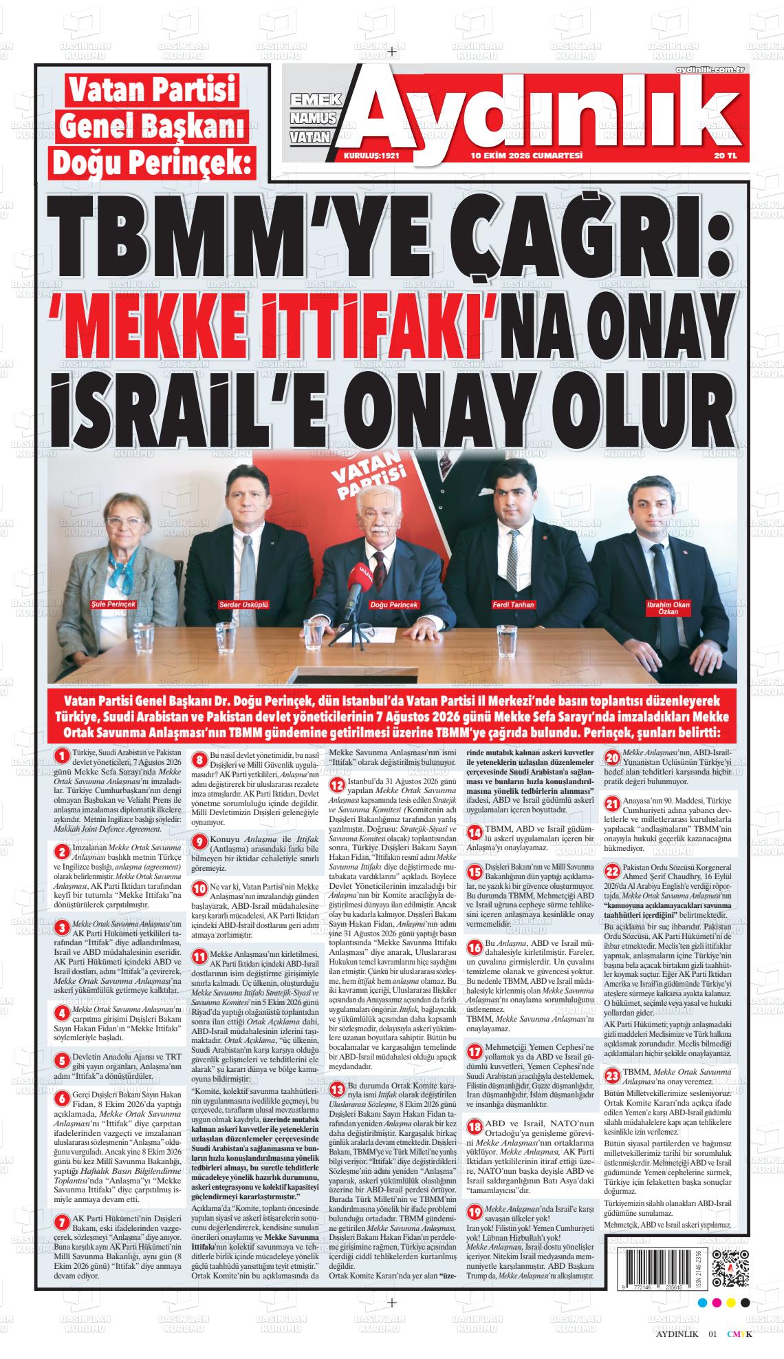 Aydınlık gazetesi ilk sayfası