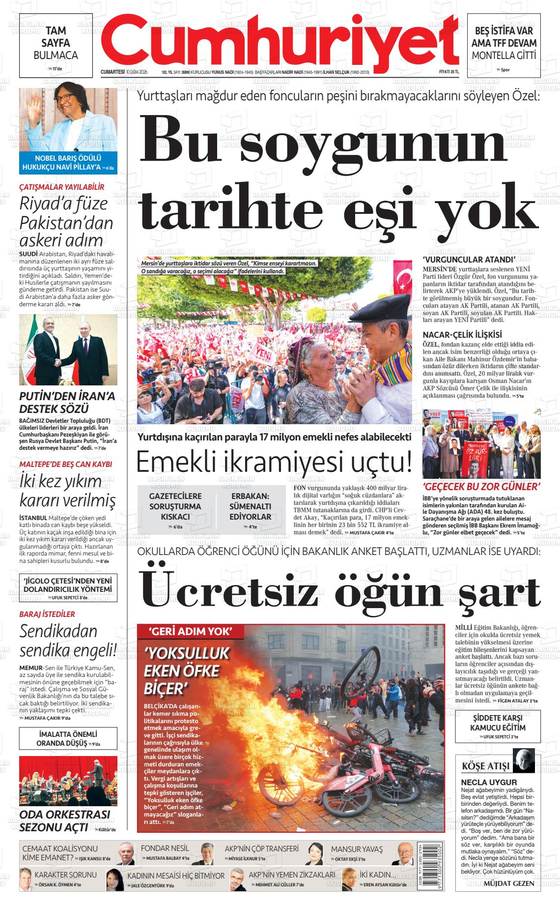 Cumhuriyet gazetesi ilk sayfası