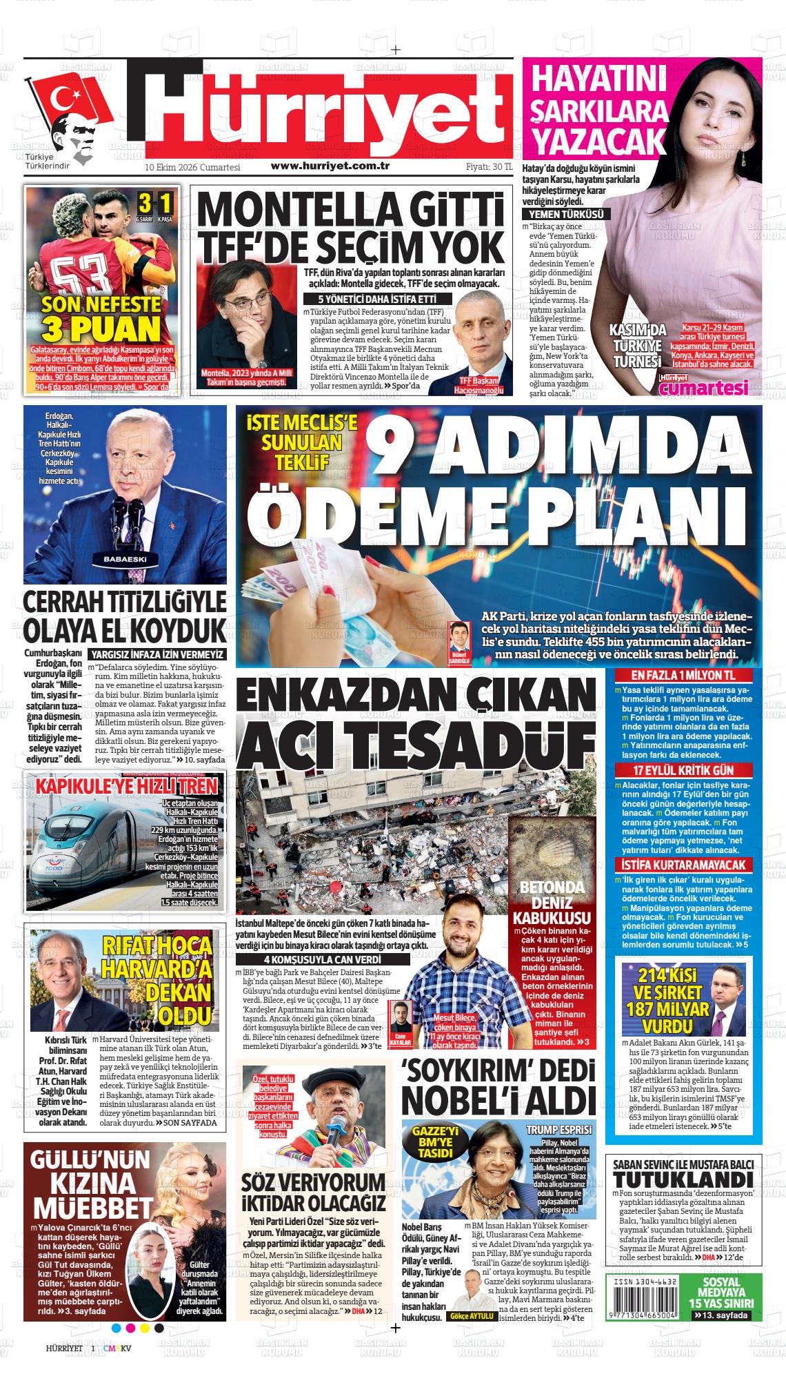Hürriyet gazetesi ilk sayfası