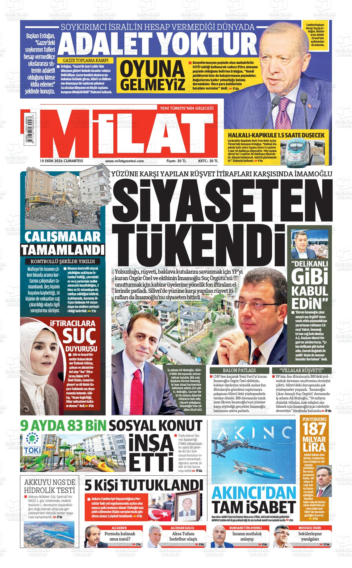 Milat gazetesi ilk sayfası