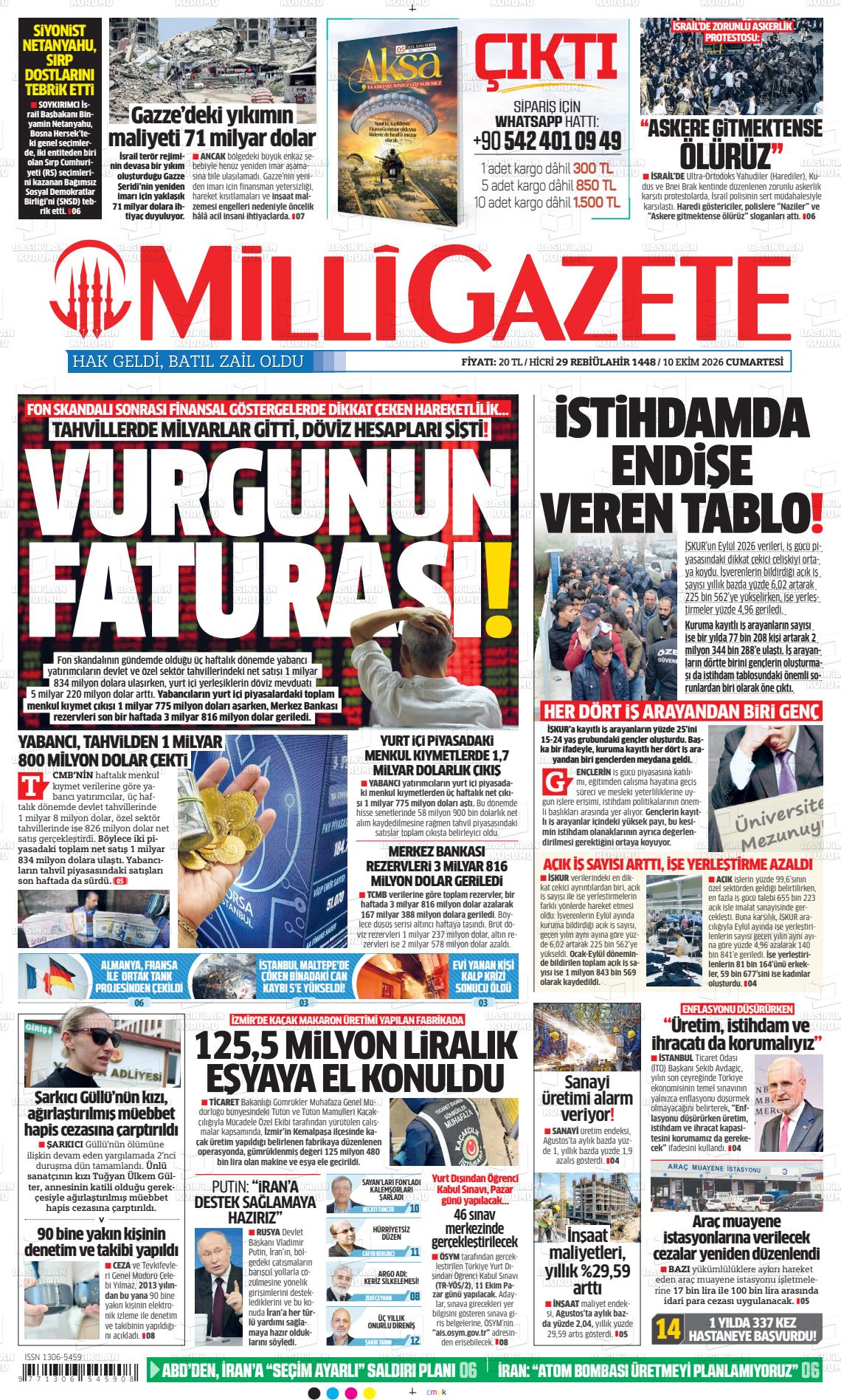Milli Gazete gazetesi ilk sayfası