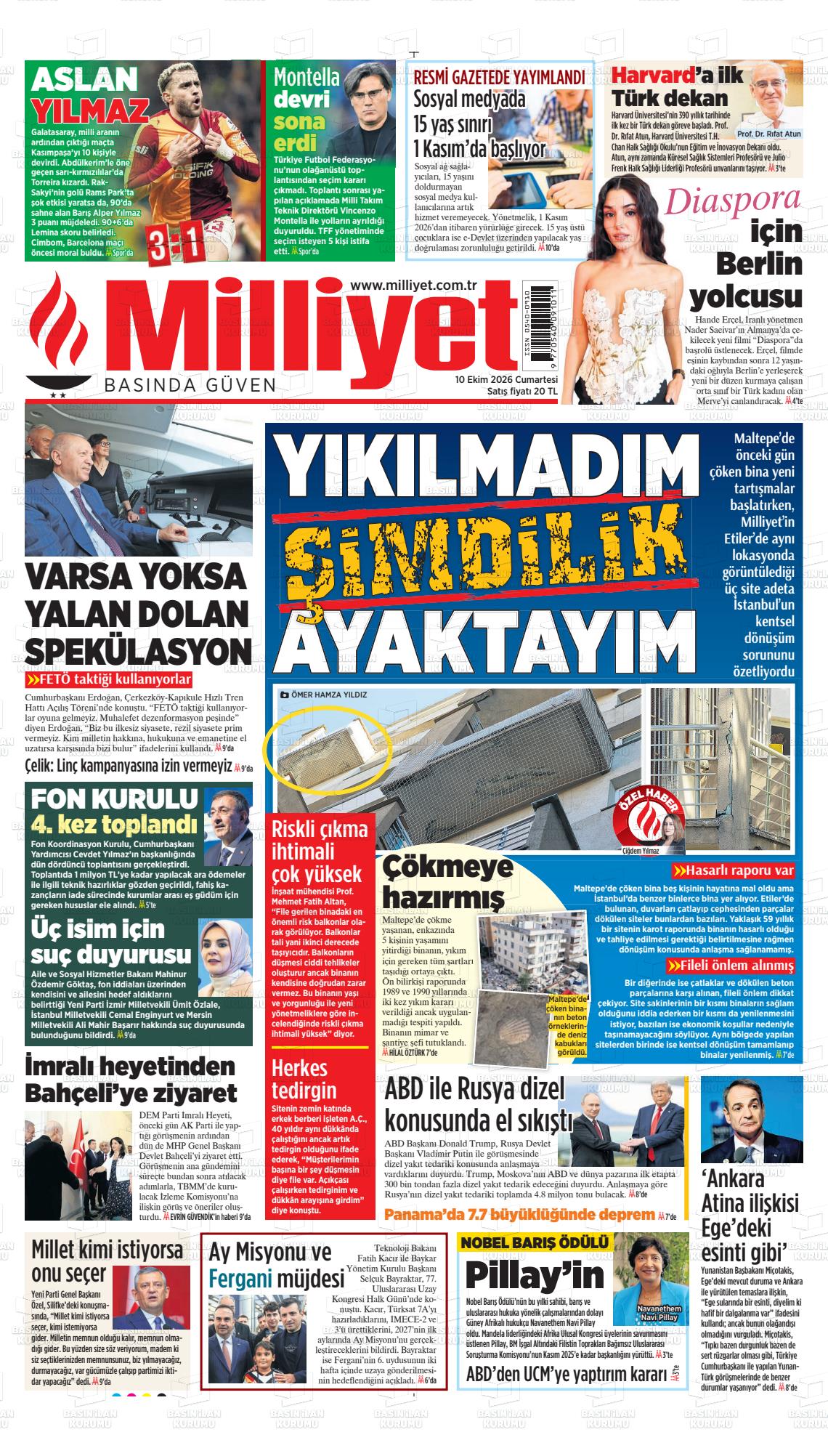Milliyet gazetesi ilk sayfası