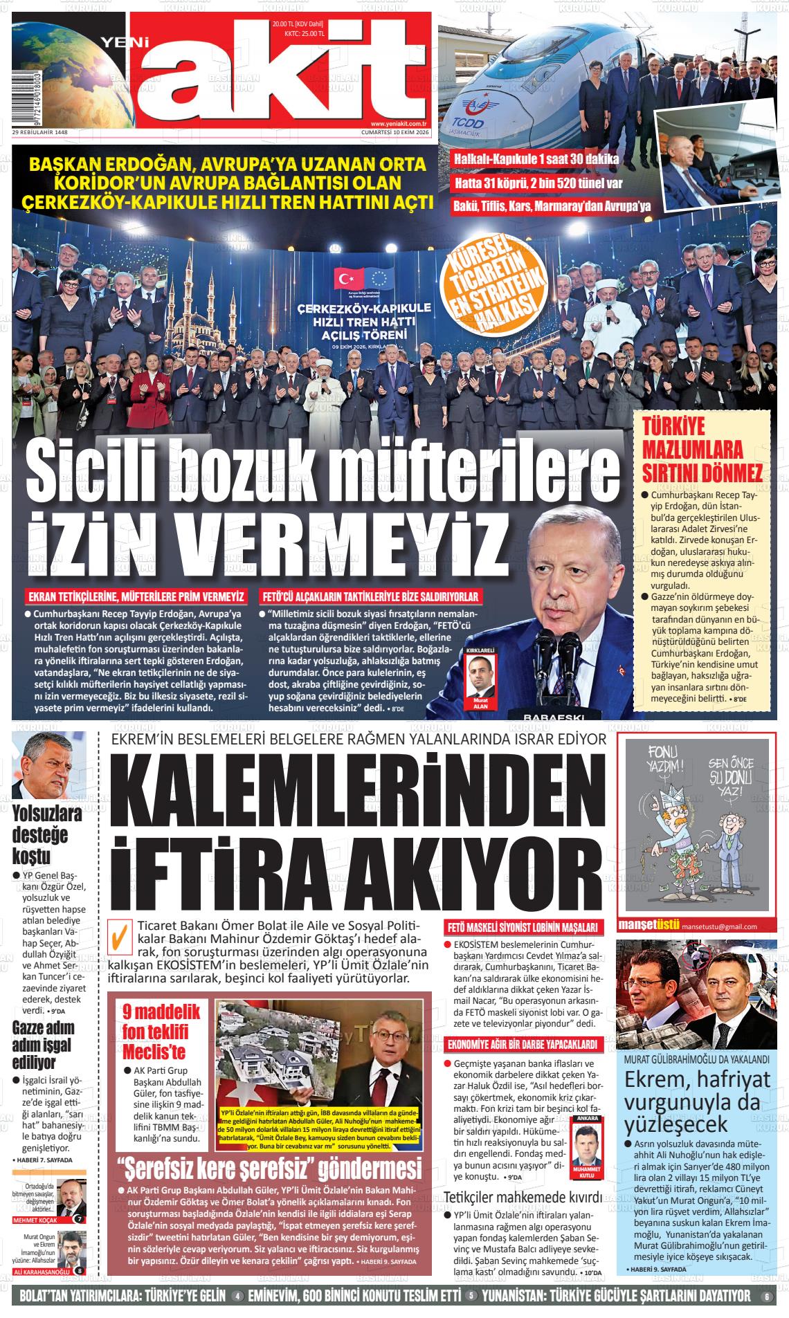 Yeni Akit gazetesi ilk sayfası