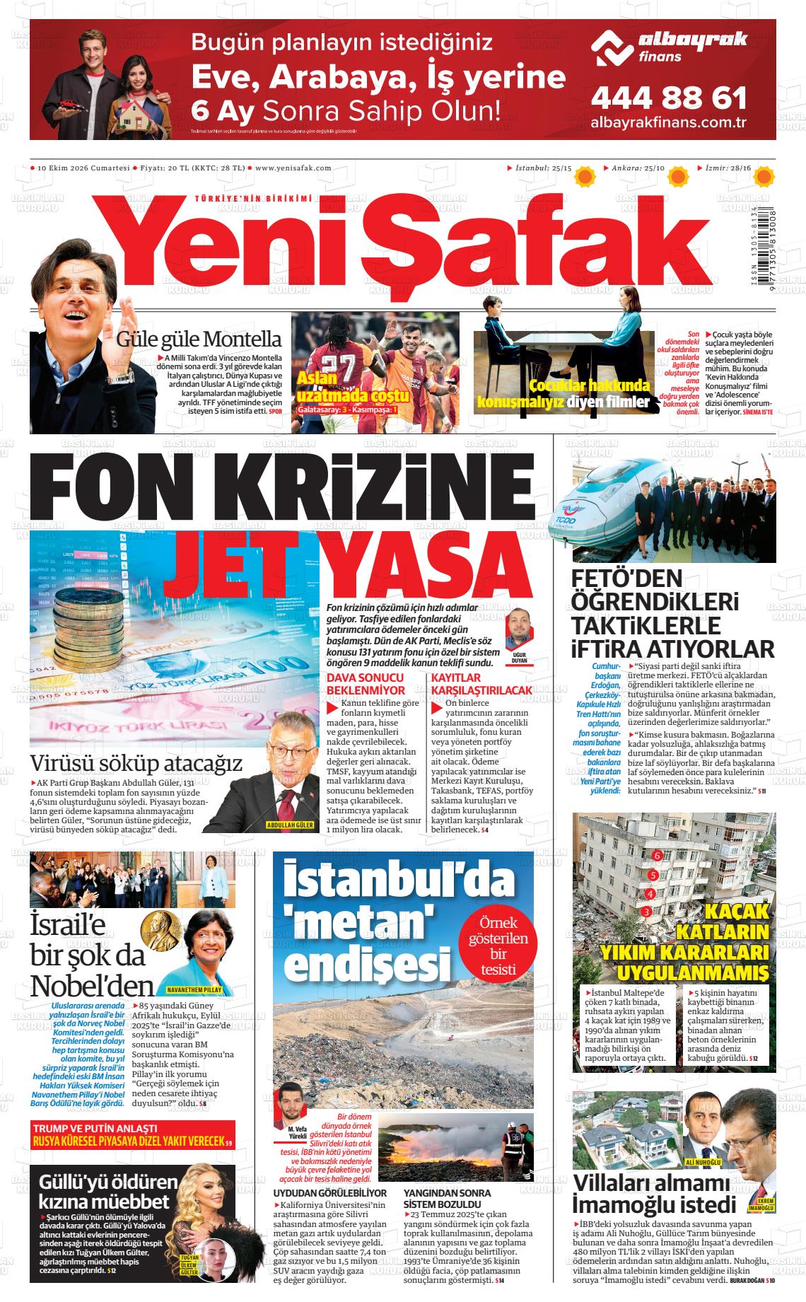 Yeni Şafak gazetesi ilk sayfası