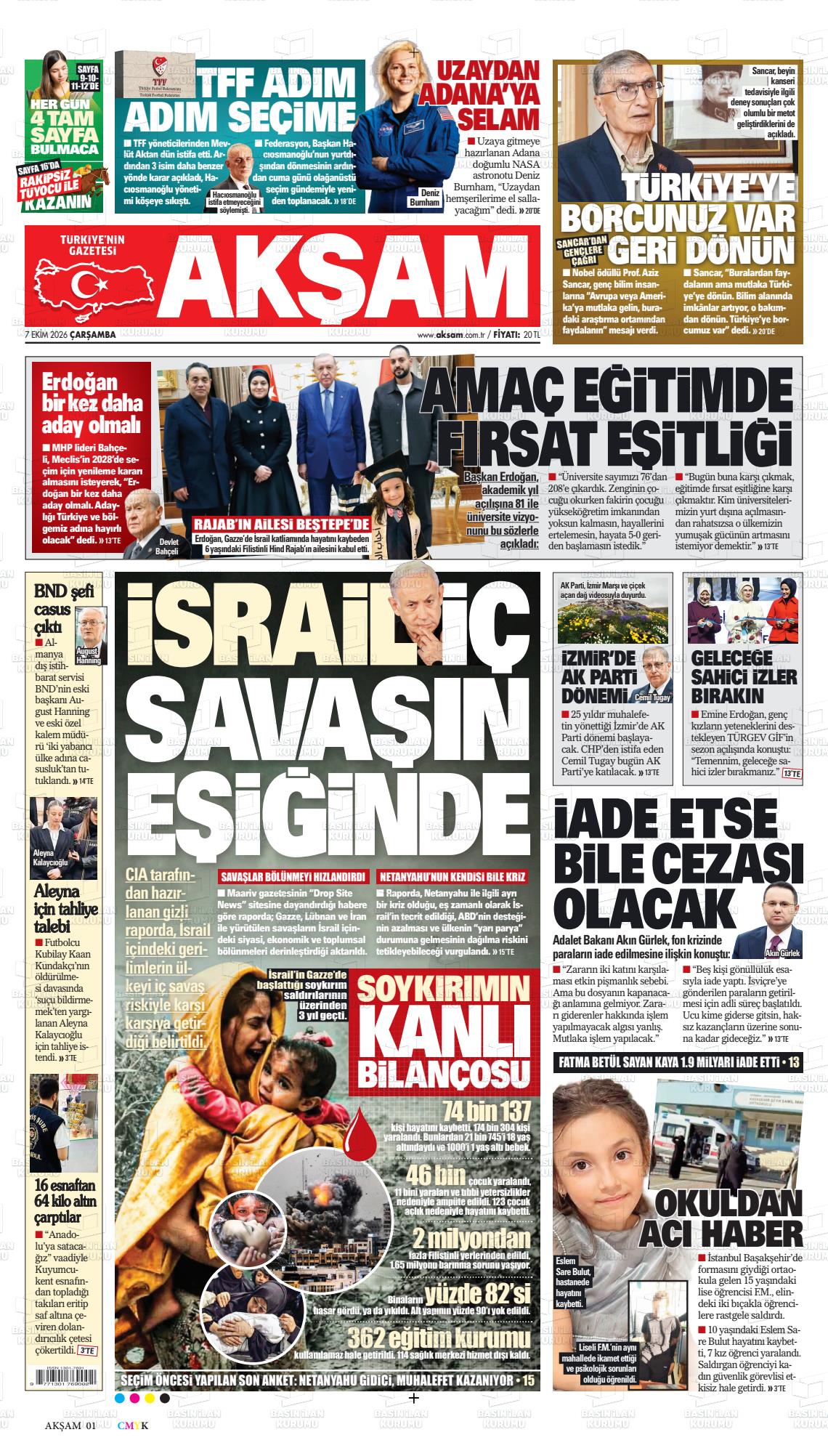 Akşam gazetesi ilk sayfası