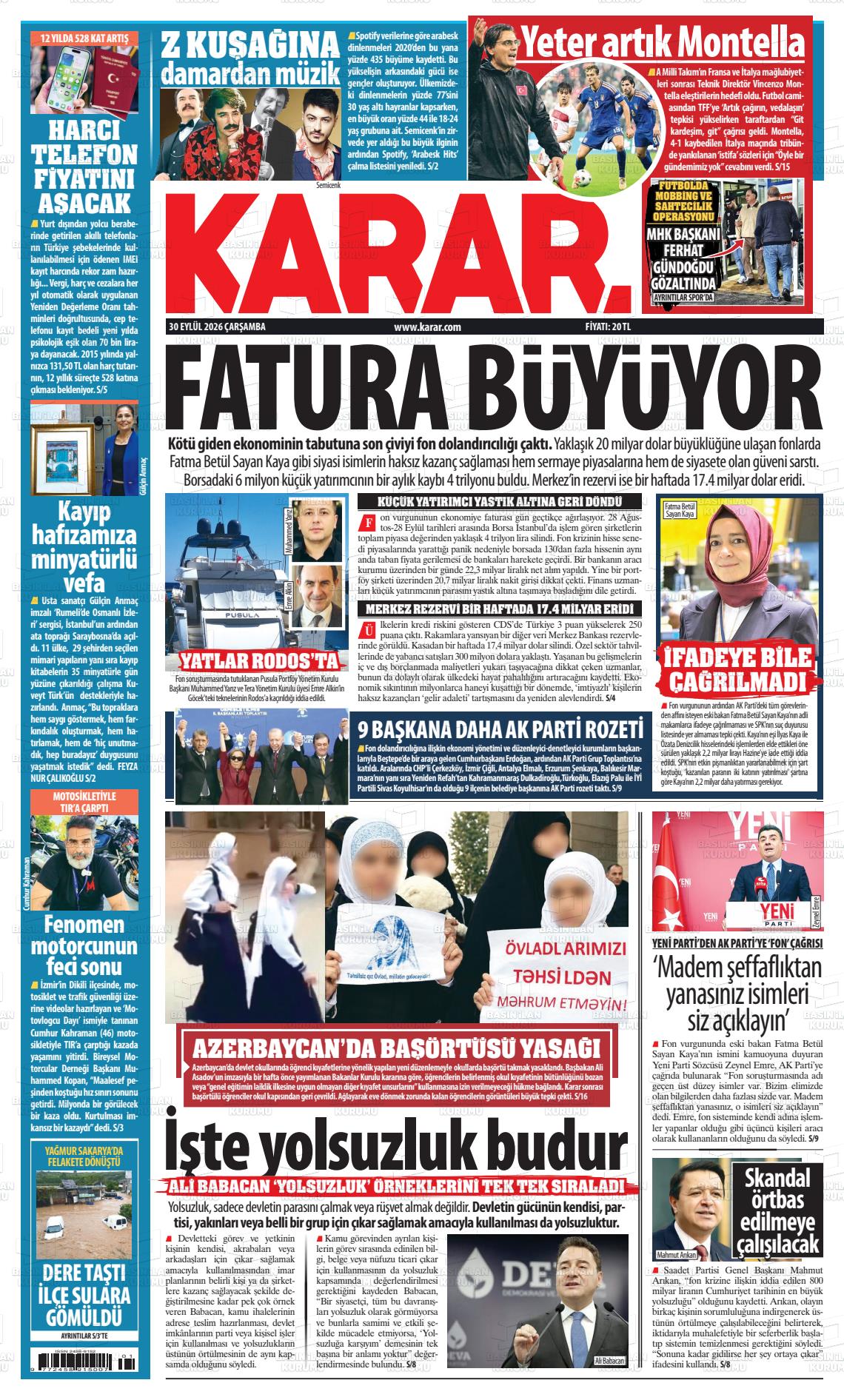 Karar gazetesi ilk sayfası