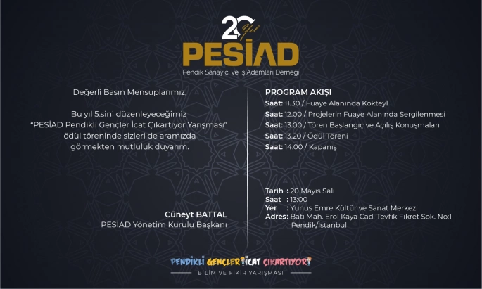 PESİAD Pendikli Gençler İcat Çıkartıyor Yarışması'nın Ödül Töreni 20 Mayıs’ta!